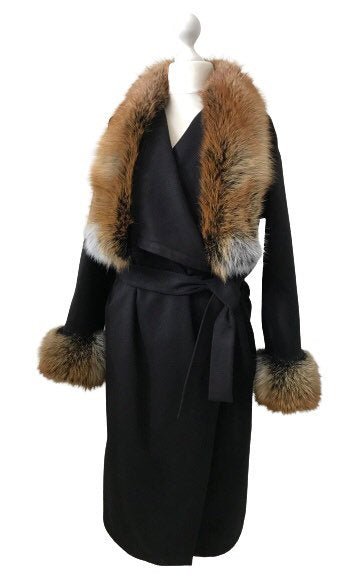 Black Wrap Elegant Women coat, Long Belted Feminine Overcoat Trim Fox Fur, Cashmere Woolen blend Coat Wrap - My Love Cape