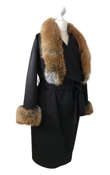 Black Wrap Elegant Women coat, Long Belted Feminine Overcoat Trim Fox Fur, Cashmere Woolen blend Coat Wrap - My Love Cape