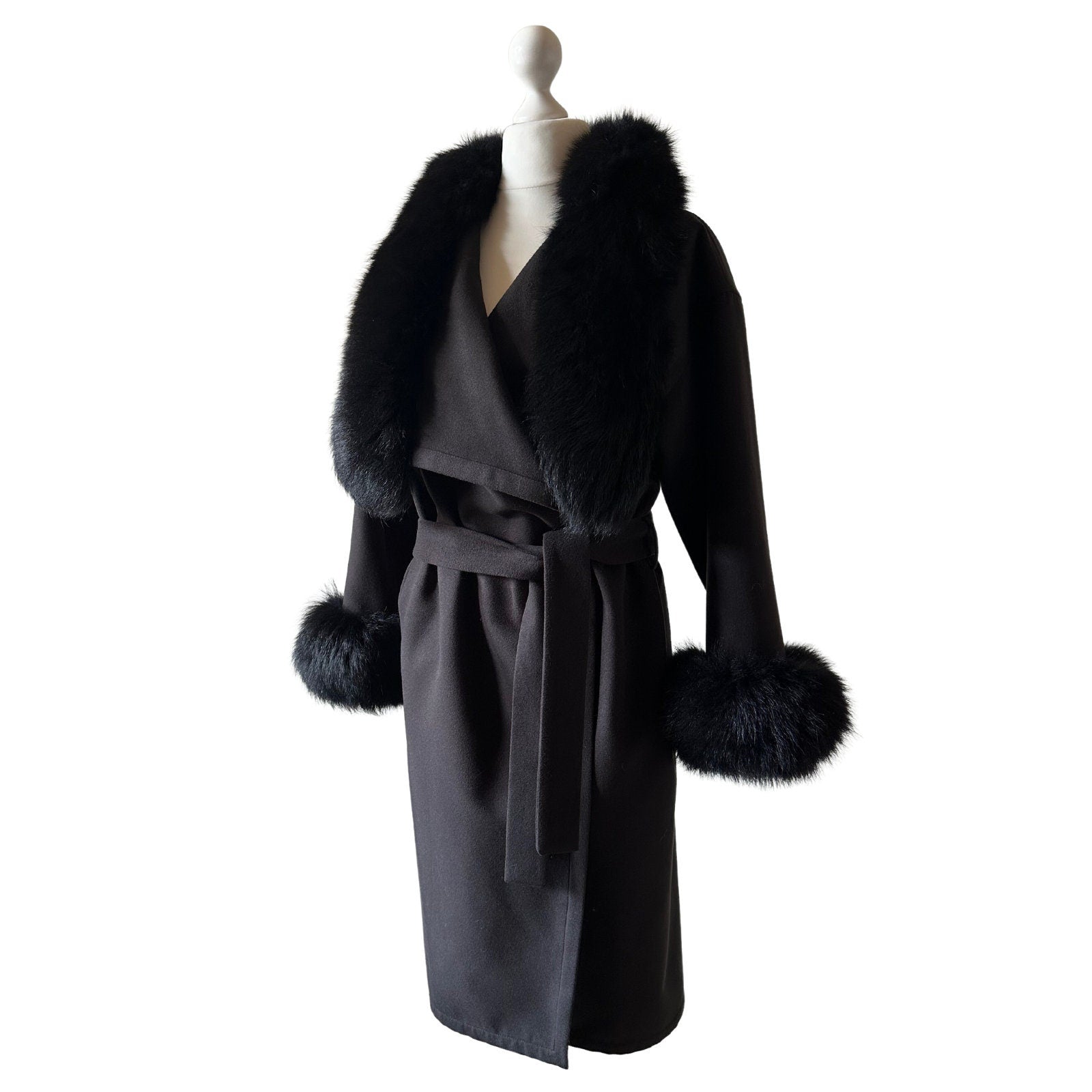 Black Wrap Elegant Women coat, Long Belted Feminine Overcoat Trim Fox Fur, Woolen blend Coat Wrap - My Love Cape