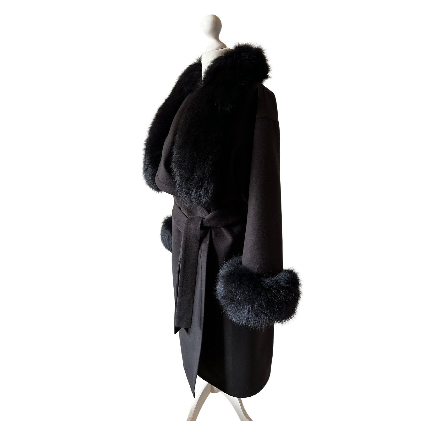 Black Wrap Elegant Women coat, Long Belted Feminine Overcoat Trim Fox Fur, Woolen blend Coat Wrap - My Love Cape