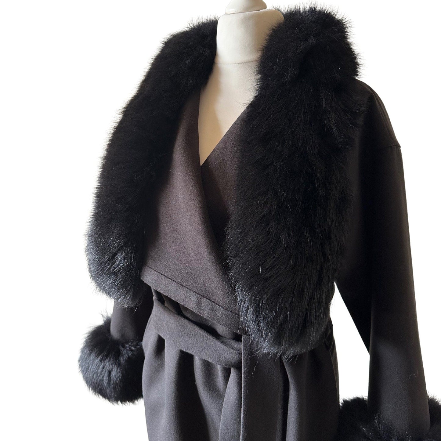 Black Wrap Elegant Women coat, Long Belted Feminine Overcoat Trim Fox Fur, Woolen blend Coat Wrap - My Love Cape