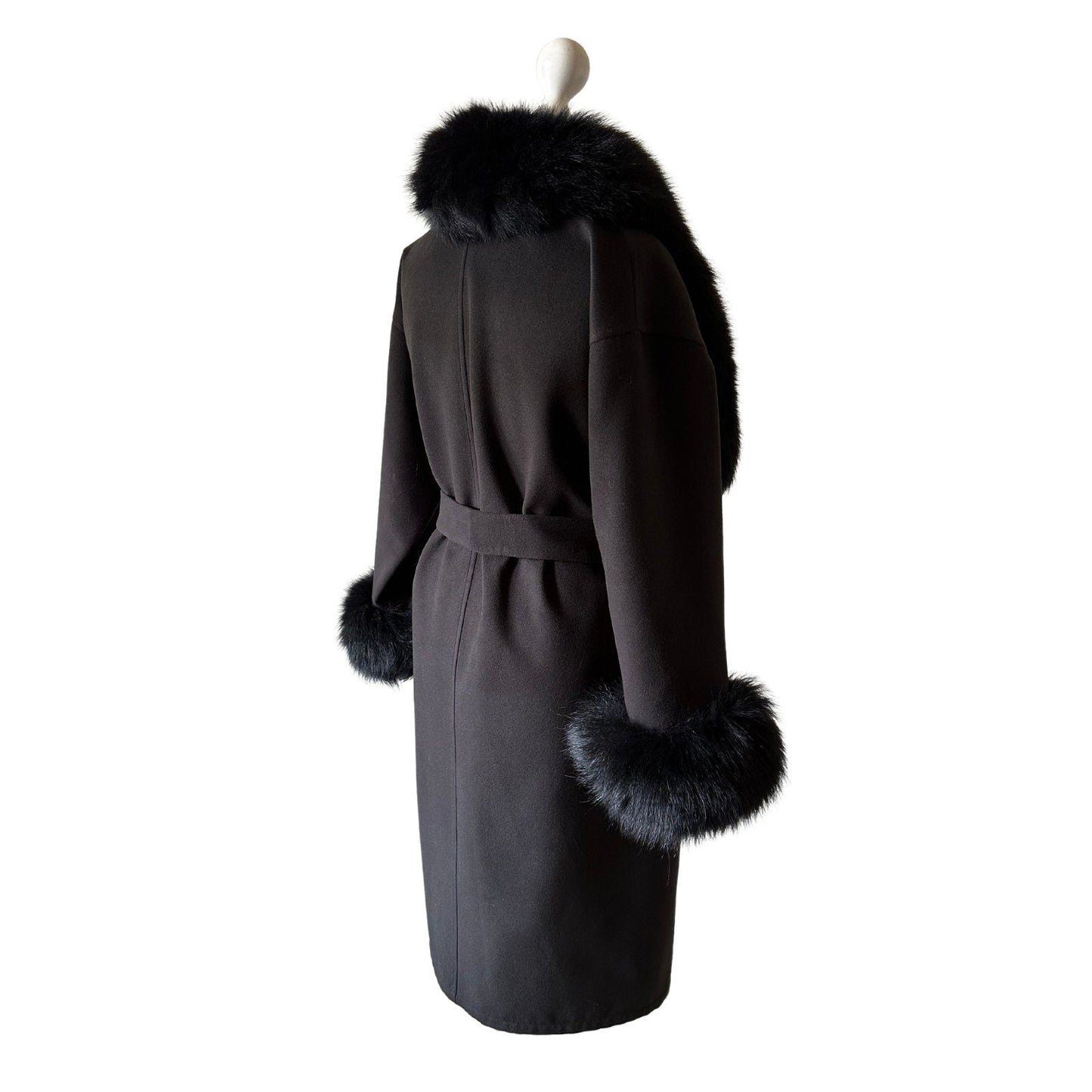 Black Wrap Elegant Women coat, Long Belted Feminine Overcoat Trim Fox Fur, Woolen blend Coat Wrap - My Love Cape