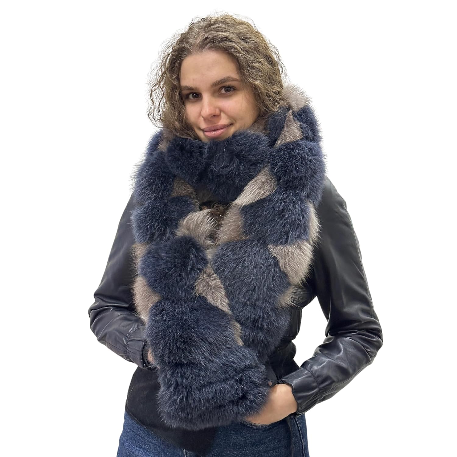 Blue - Beige Natural Fur Scarf for Men and Women Unisex Winter Accessory - My Love Cape