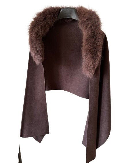 Brown Women Scarf Stole Cape Wrap Trim Fox Fur, Extra Large Shawl, Winter Gift, Cashmere Woolen blend Cape Scarf - My Love Cape