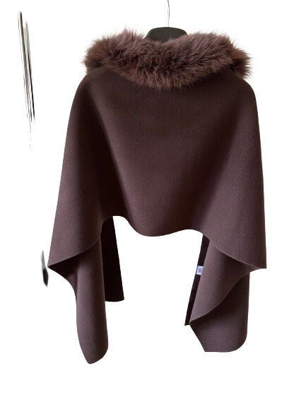 Brown Women Scarf Stole Cape Wrap Trim Fox Fur, Extra Large Shawl, Winter Gift, Cashmere Woolen blend Cape Scarf - My Love Cape