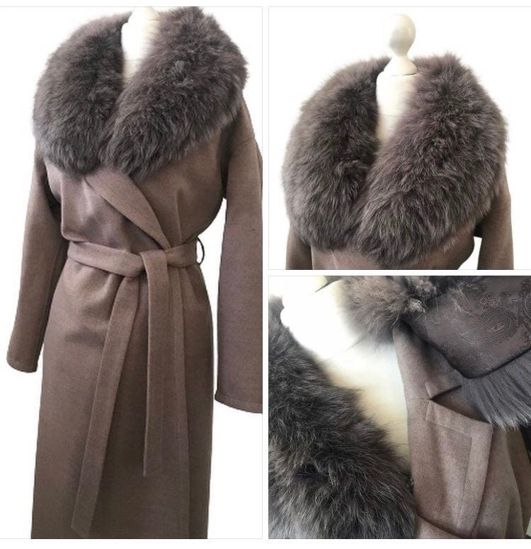 Brown Wrap Elegant Women coat, Long Belted Feminine Overcoat Trim Fox Fur, Cashmere Woolen blend Coat Wrap - My Love Cape