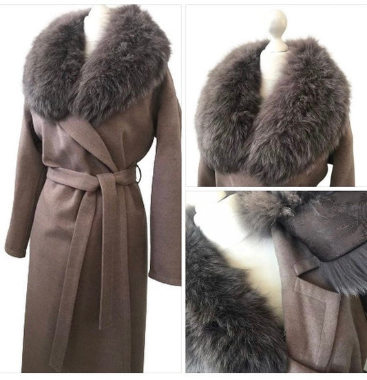 Brown Wrap Elegant Women coat, Long Belted Feminine Overcoat Trim Fox Fur, Cashmere Woolen blend Coat Wrap - My Love Cape