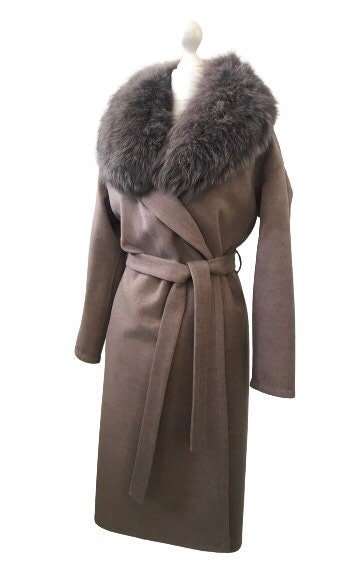 Brown Wrap Elegant Women coat, Long Belted Feminine Overcoat Trim Fox Fur, Cashmere Woolen blend Coat Wrap - My Love Cape