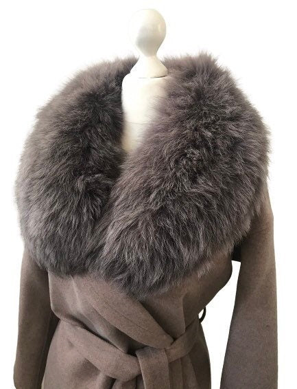 Brown Wrap Elegant Women coat, Long Belted Feminine Overcoat Trim Fox Fur, Cashmere Woolen blend Coat Wrap - My Love Cape