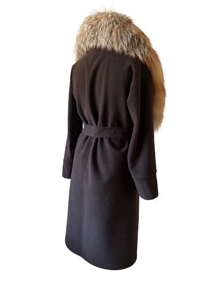 Brown Wrap Elegant Women coat, Long Belted Feminine Overcoat Trim Fox Fur, Woolen blend Coat Wrap - My Love Cape