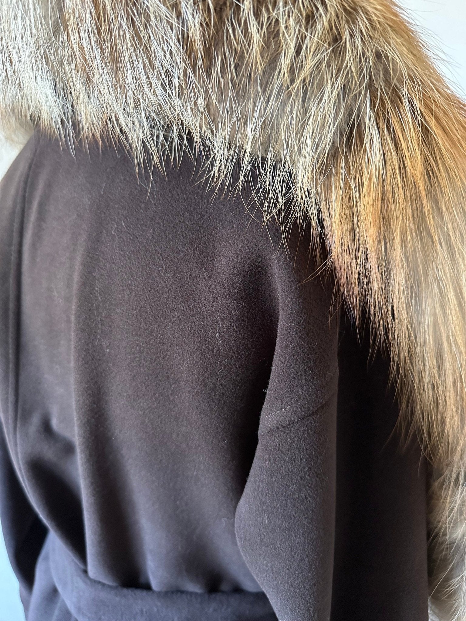 Brown Wrap Elegant Women coat, Long Belted Feminine Overcoat Trim Fox Fur, Woolen blend Coat Wrap - My Love Cape