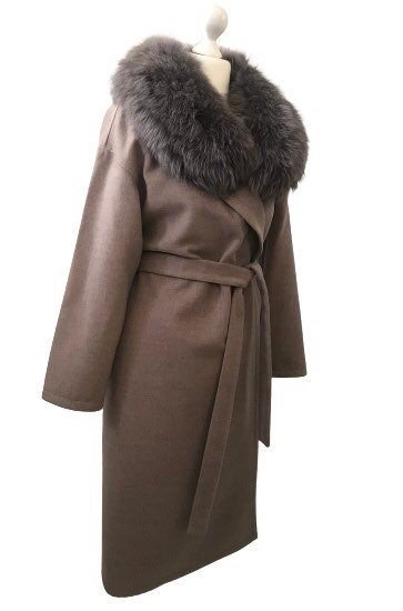 Brown Wrap Elegant Women coat, Long Belted Feminine Overcoat Trim Fox Fur, Woolen blend Coat Wrap - My Love Cape