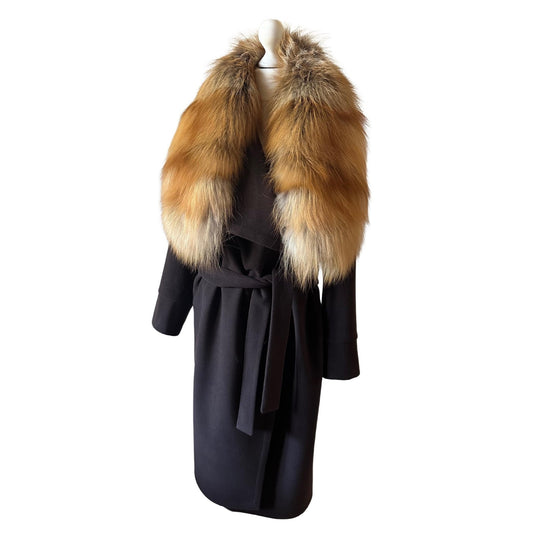 Brown Wrap Elegant Women coat, Long Belted Feminine Overcoat Trim Fox Fur, Woolen blend Coat Wrap - My Love Cape