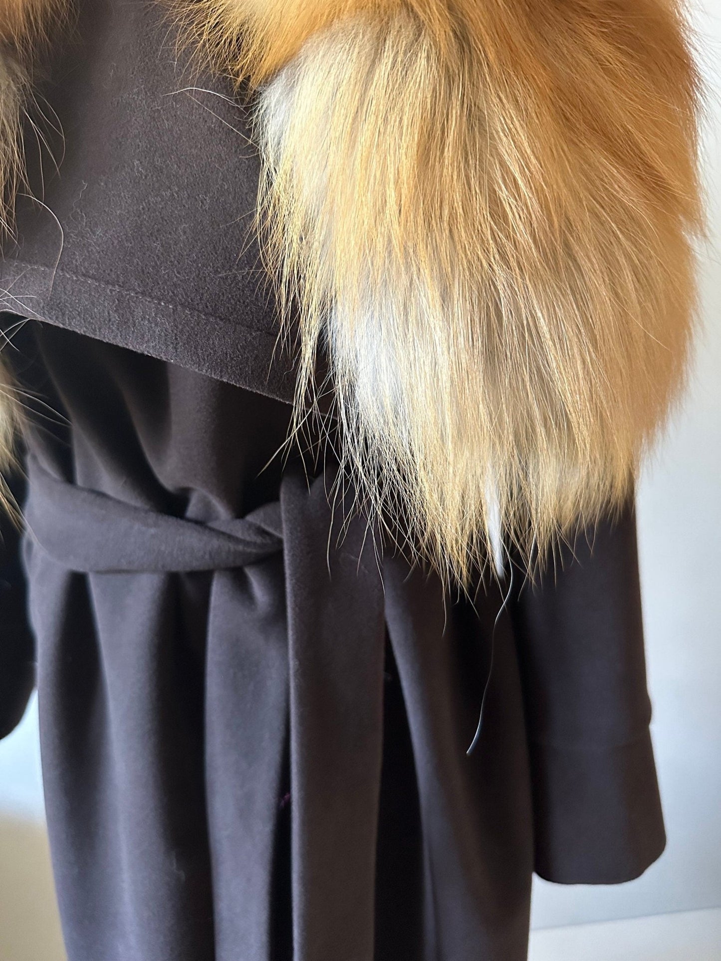 Brown Wrap Elegant Women coat, Long Belted Feminine Overcoat Trim Fox Fur, Woolen blend Coat Wrap - My Love Cape