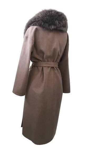 Brown Wrap Elegant Women coat, Long Belted Feminine Overcoat Trim Fox Fur, Woolen blend Coat Wrap - My Love Cape