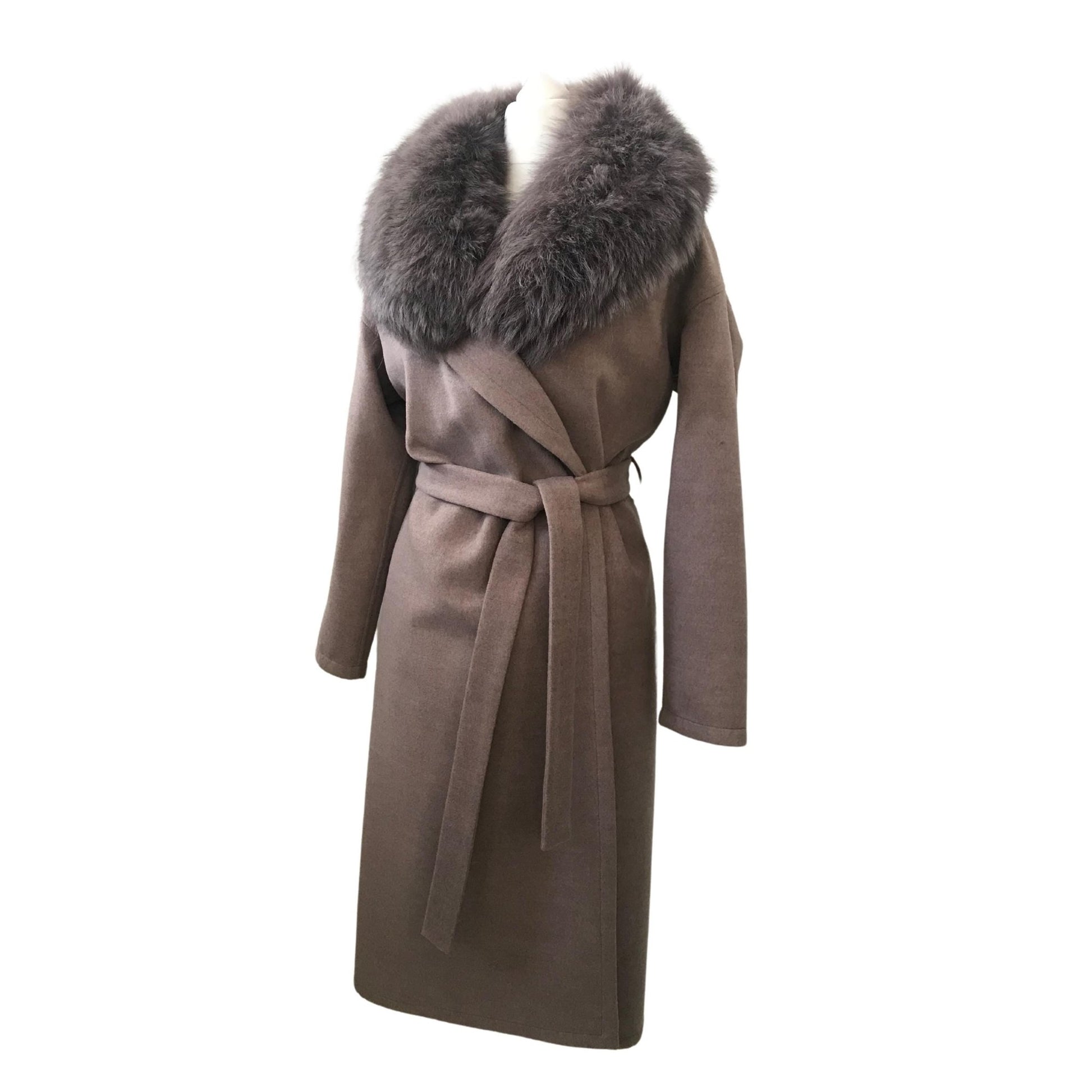 Brown Wrap Elegant Women coat, Long Belted Feminine Overcoat Trim Fox Fur, Woolen blend Coat Wrap - My Love Cape