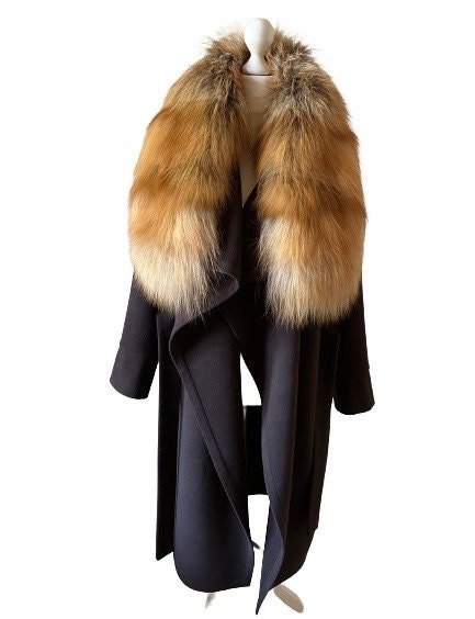 Brown Wrap Elegant Women coat, Long Belted Feminine Overcoat Trim Fox Fur, Woolen blend Coat Wrap - My Love Cape