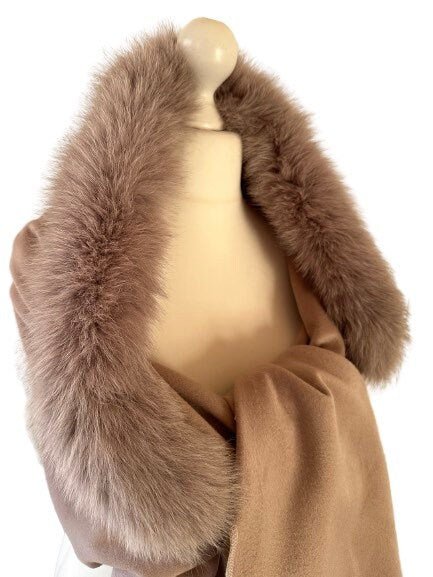 Camel Women Scarf Stole Cape Wrap Trim Fox Fur, Extra Large Shawl, Winter Gift, Cashmere Woolen blend Cape Scarf - My Love Cape