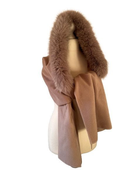 Camel Women Scarf Stole Cape Wrap Trim Fox Fur, Extra Large Shawl, Winter Gift, Cashmere Woolen blend Cape Scarf - My Love Cape