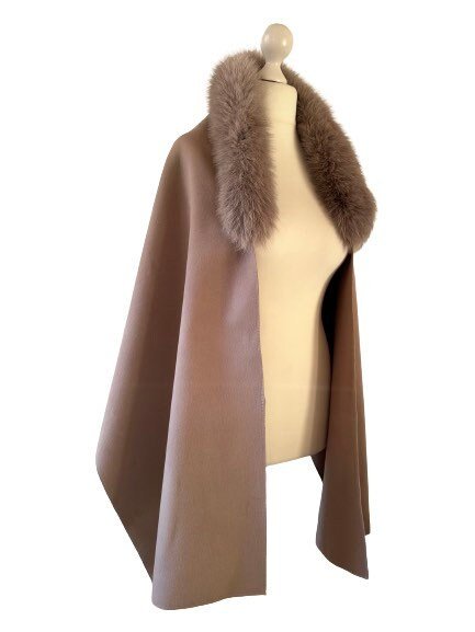 Camel Women Scarf Stole Cape Wrap Trim Fox Fur, Extra Large Shawl, Winter Gift, Cashmere Woolen blend Cape Scarf - My Love Cape