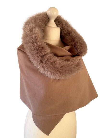 Camel Women Scarf Stole Cape Wrap Trim Fox Fur, Extra Large Shawl, Winter Gift, Cashmere Woolen blend Cape Scarf - My Love Cape