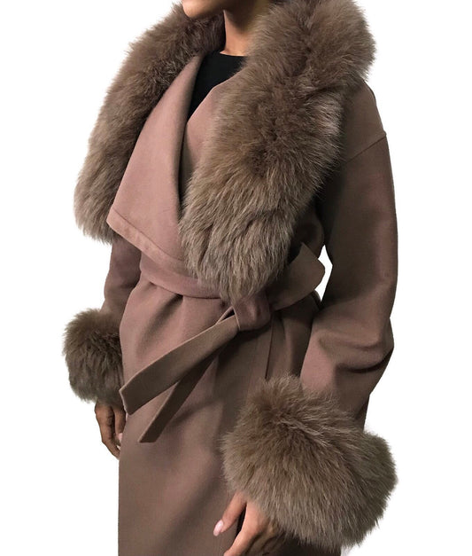 Camel Wrap Elegant Women coat, Long Belted Feminine Overcoat Trim Fox Fur, Woolen blend Coat Wrap - My Love Cape