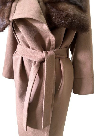 Camel Wrap Elegant Women coat, Long Belted Feminine Overcoat Trim Mink Fur, Woolen blend Coat Wrap - My Love Cape