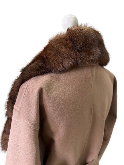 Camel Wrap Elegant Women coat, Long Belted Feminine Overcoat Trim Mink Fur, Woolen blend Coat Wrap - My Love Cape