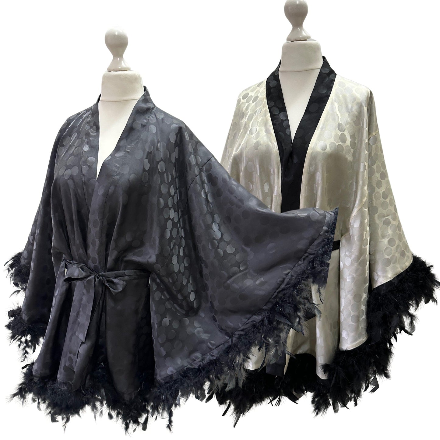 Cream Ivory Black Double - sided Cape Robe with Chicken Feather trim - My Love Cape