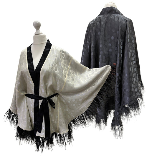 Cream Ivory Black Double - sided Cape Robe with Ostrich Feather trim - My Love Cape