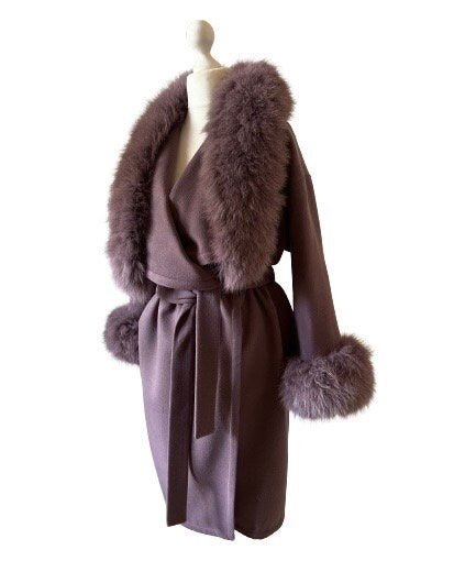 Dark Purpe Wrap Elegant Women coat, Long Belted Feminine Overcoat Trim Fox Fur, Cashmere Woolen blend Coat Wrap - My Love Cape