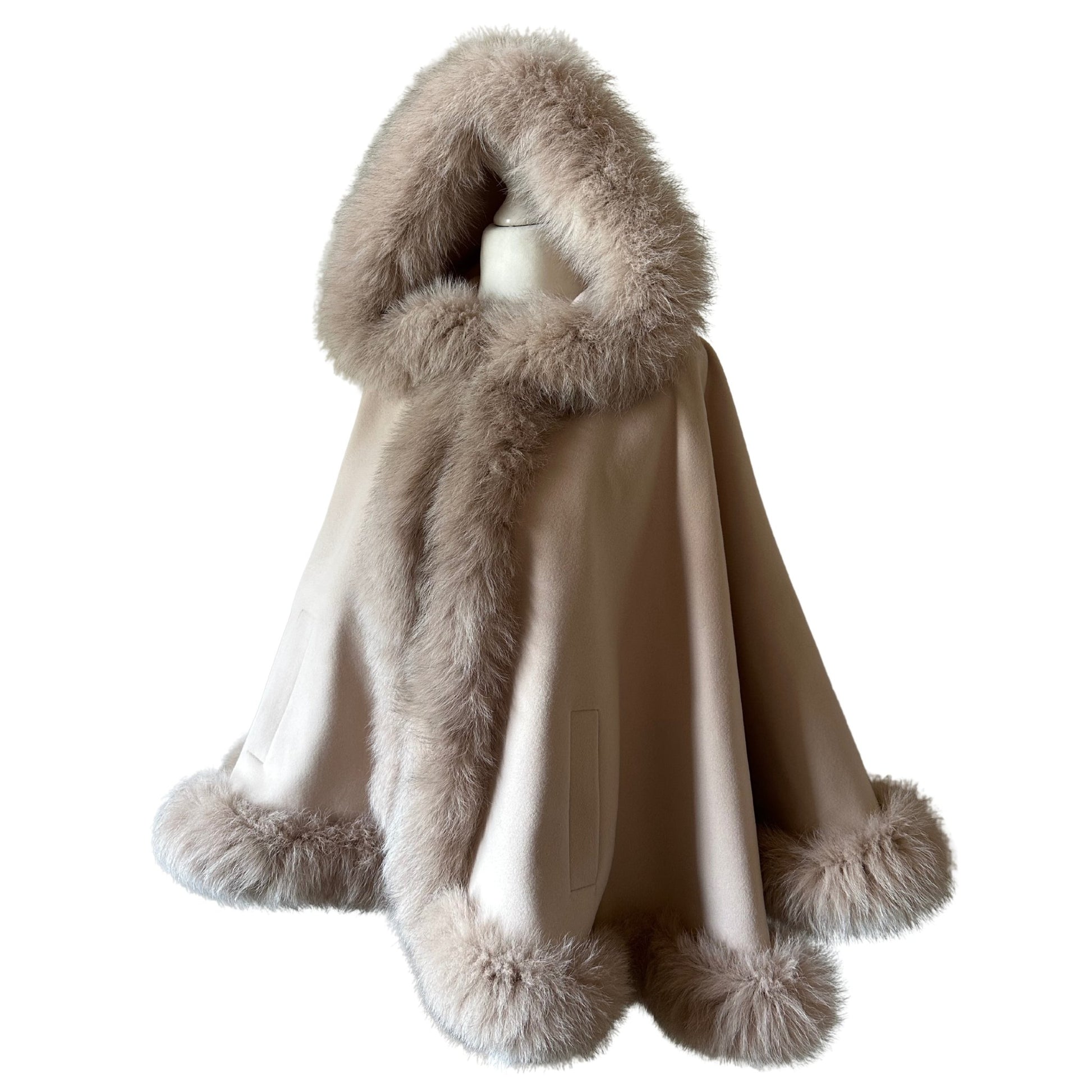 Elegant Beige Women’s Winter Coat Cape with Fox Fur Trim - My Love Cape