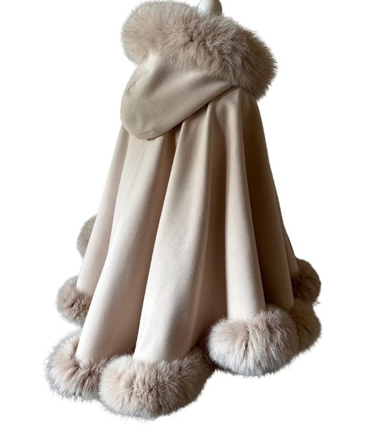 Elegant Beige Women’s Winter Coat Cape with Fox Fur Trim - My Love Cape