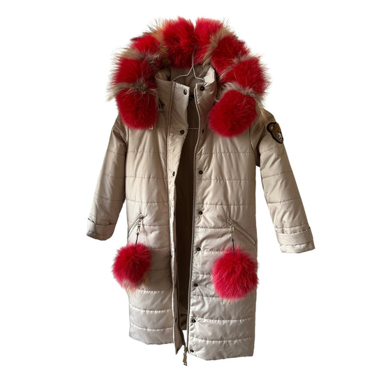 Fur Puffer Children's long parka сoat trim fox fur, Beige warm coat for girl, Winter kids coat parka - My Love Cape