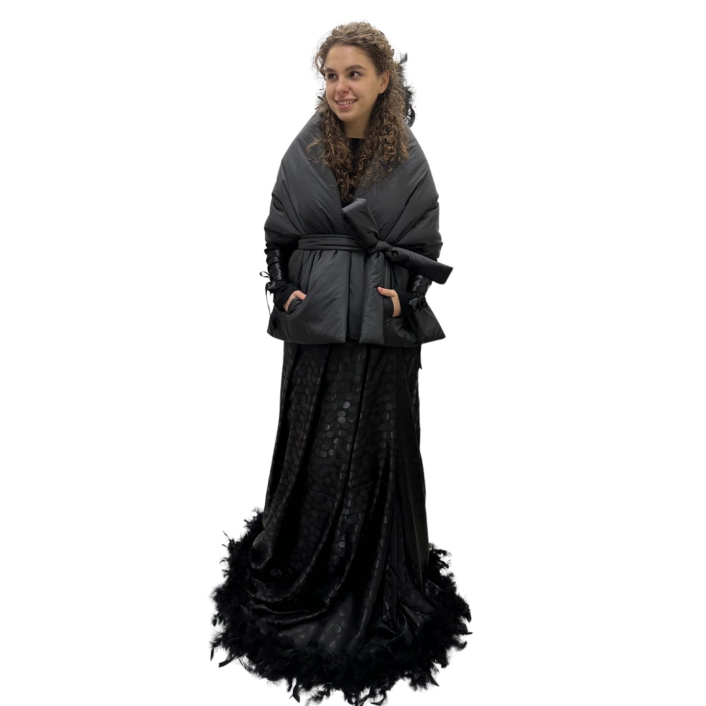 Gothic Bride Wedding Cape Winter Black Long Scarf With Pockets for Women Lagre Wide Stole Puffer 18x70 inch with 2 pocket and Belt Around Shoulders Wrap Quilted Shawl Warm Padded Down Puffy scarves - My Love Cape