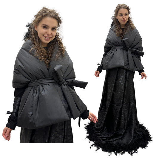 Gothic Bride Wedding Cape Winter Black Long Scarf With Pockets for Women Lagre Wide Stole Puffer 18x70 inch with 2 pocket and Belt Around Shoulders Wrap Quilted Shawl Warm Padded Down Puffy scarves - My Love Cape