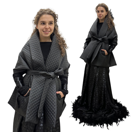 Gothic Bride Wedding Cape Winter Black Long Scarf With Pockets for Women Lagre Wide Stole Puffer 25x80 inch with 2 pocket and Belt Around Shoulders Wrap Quilted Shawl Warm Padded Down Puffy scarves (Copy) - My Love Cape