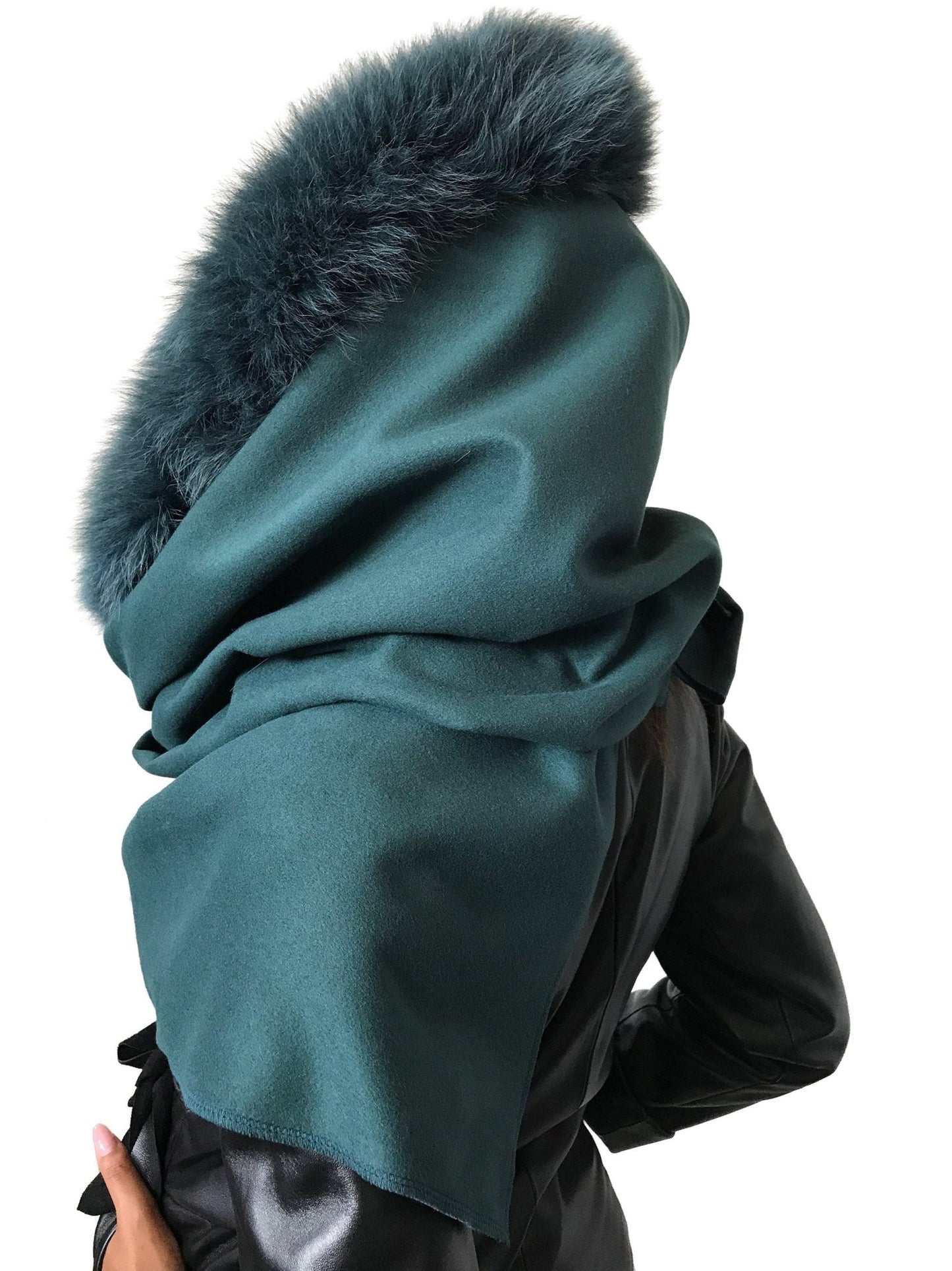 Green Women Scarf Stole Cape Wrap Trim Fox Fur, Extra Large Shawl, Winter Gift, Woolen blend Cape Scarf - My Love Cape