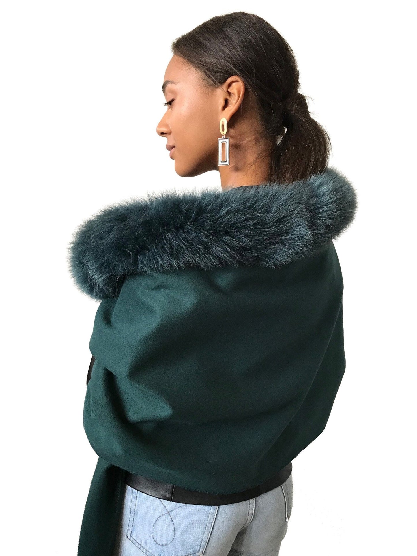 Green Women Scarf Stole Cape Wrap Trim Fox Fur, Extra Large Shawl, Winter Gift, Woolen blend Cape Scarf - My Love Cape