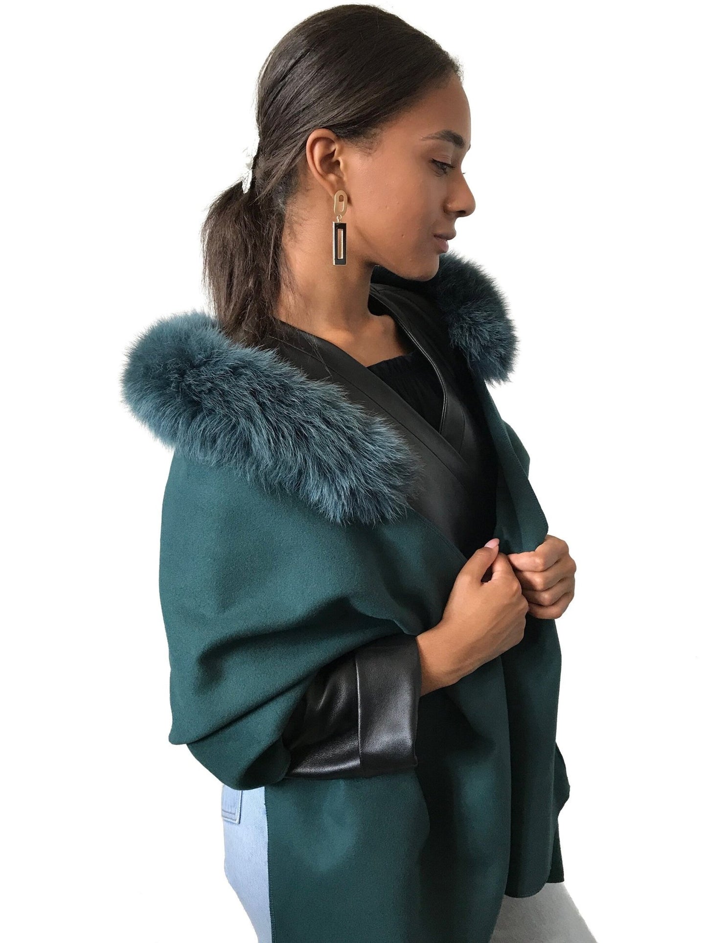 Green Women Scarf Stole Cape Wrap Trim Fox Fur, Extra Large Shawl, Winter Gift, Woolen blend Cape Scarf - My Love Cape