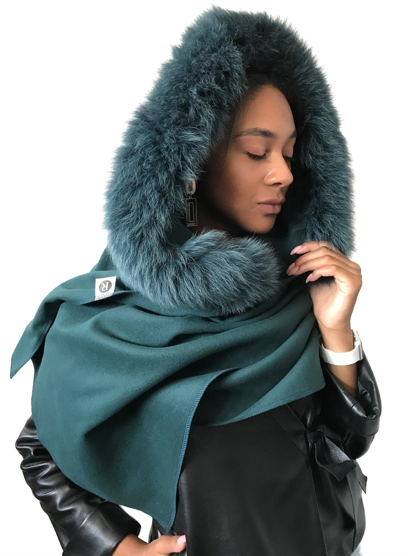 Green Women Scarf Stole Cape Wrap Trim Fox Fur, Extra Large Shawl, Winter Gift, Woolen blend Cape Scarf - My Love Cape