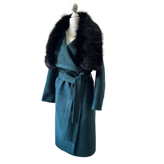 Green Wrap Elegant Women coat, Long Belted Feminine Overcoat Trim Fox Fur, Event Cashmere Woolen blend Coat Wrap - My Love Cape