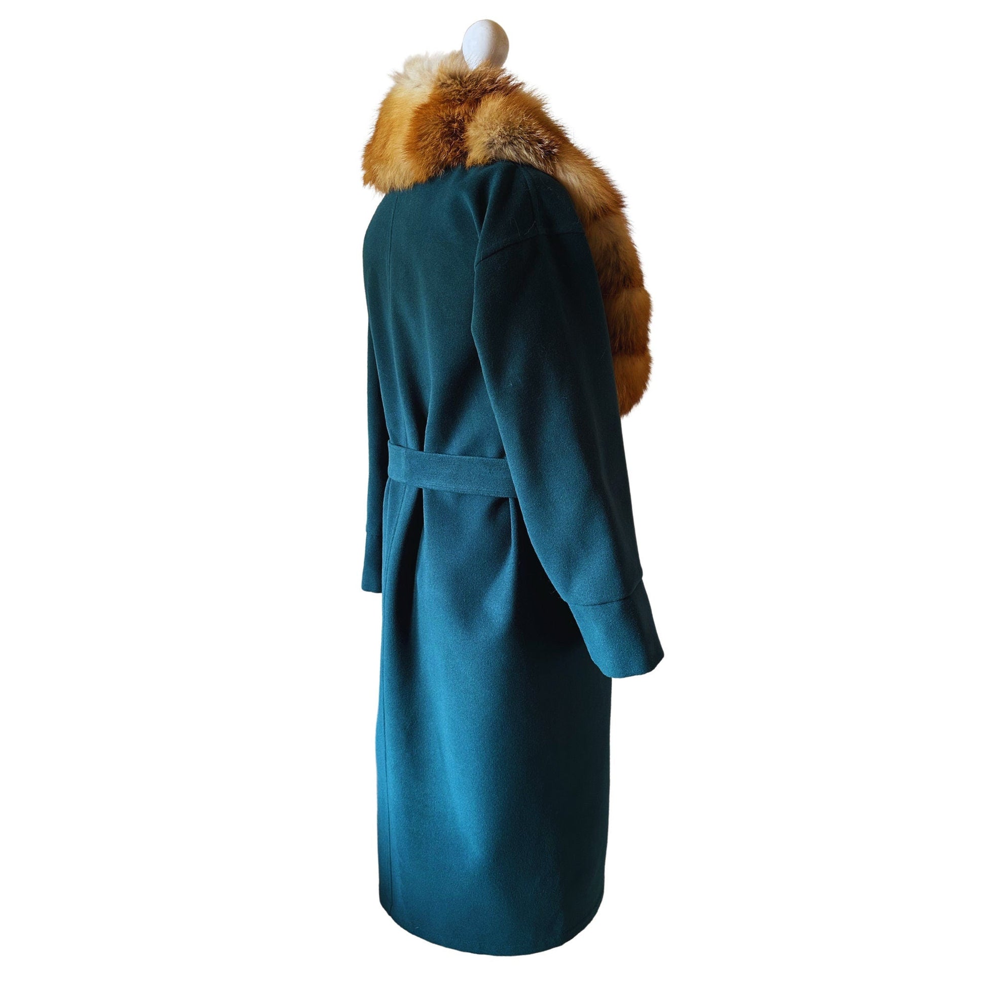 Green Wrap Elegant Women coat, Long Belted Feminine Overcoat Trim Fox Fur, Event Woolen blend Coat Wrap - My Love Cape