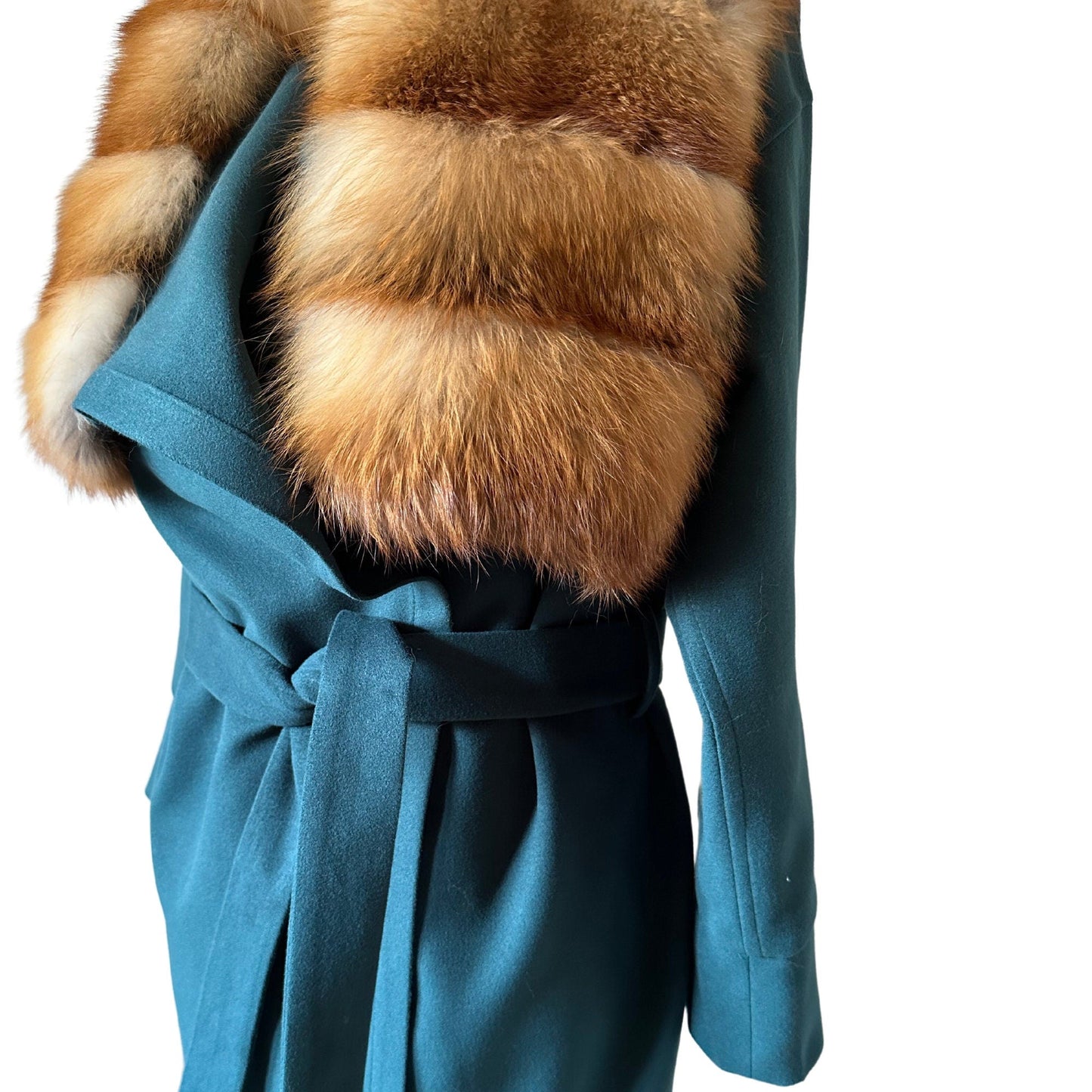 Green Wrap Elegant Women coat, Long Belted Feminine Overcoat Trim Fox Fur, Event Woolen blend Coat Wrap - My Love Cape