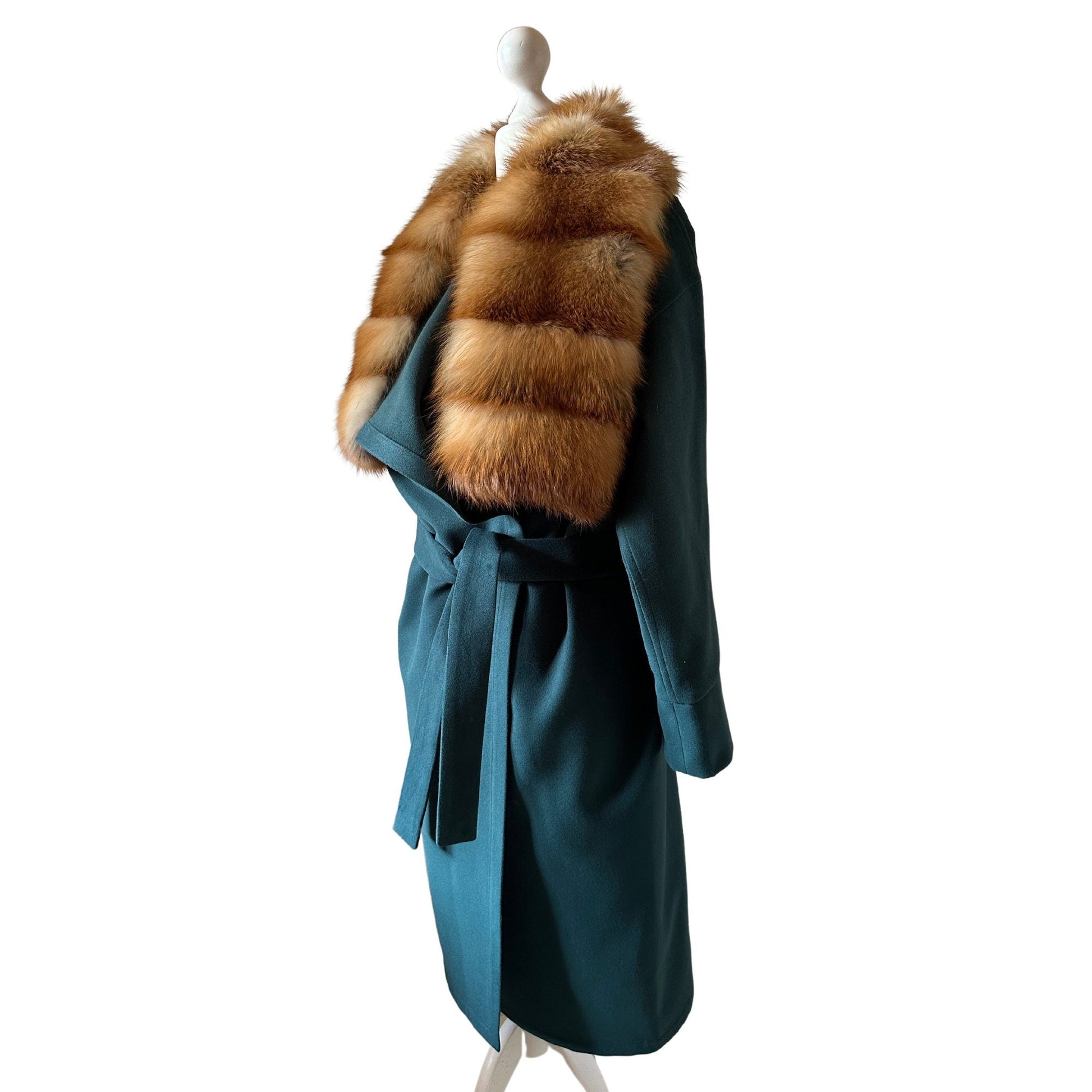 Green Wrap Elegant Women coat, Long Belted Feminine Overcoat Trim Fox Fur, Event Woolen blend Coat Wrap - My Love Cape