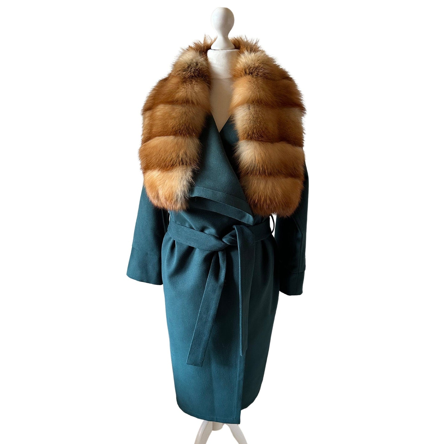 Green Wrap Elegant Women coat, Long Belted Feminine Overcoat Trim Fox Fur, Event Woolen blend Coat Wrap - My Love Cape