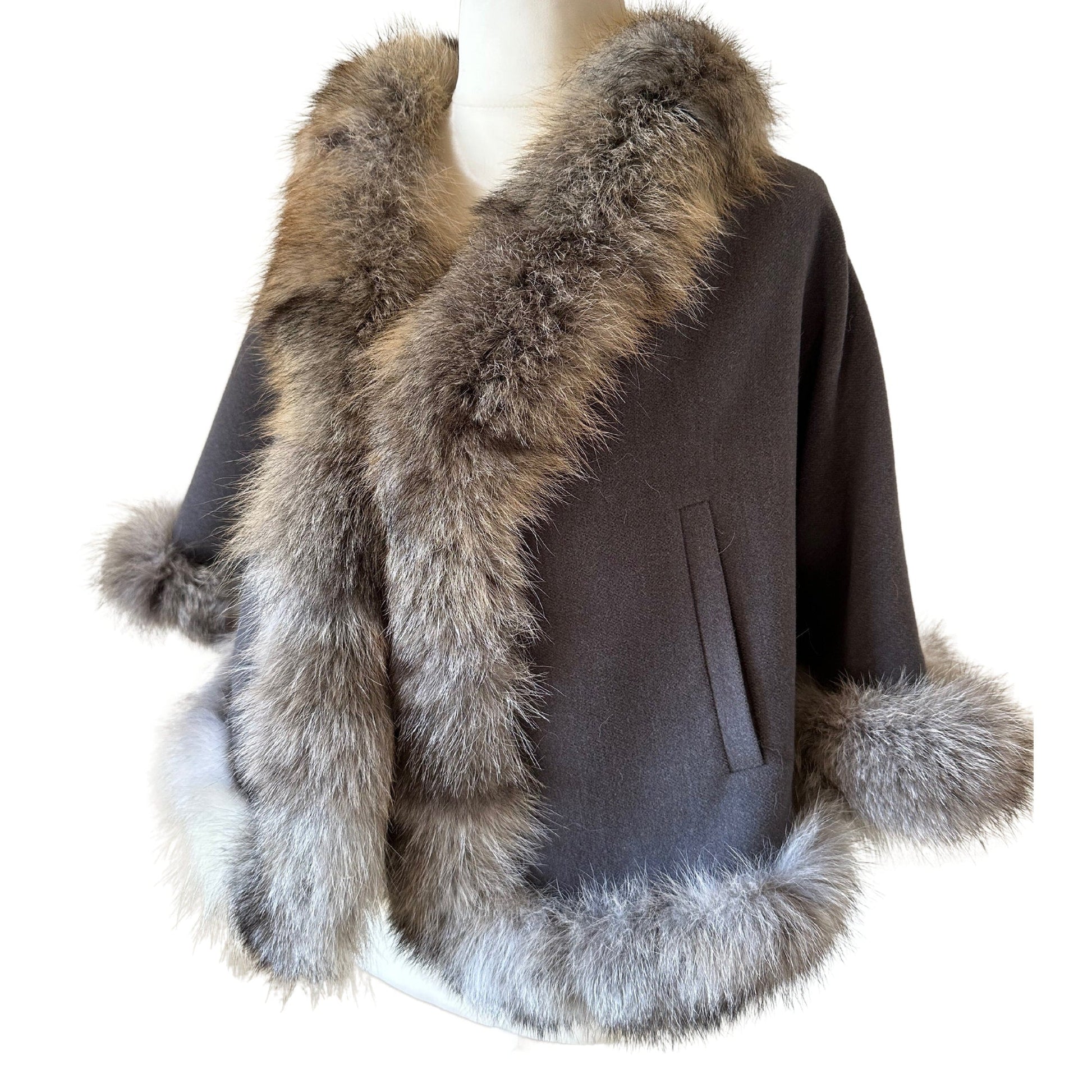 Grey Women Coat Cape Trim Fox Fur, Women's Poncho Jacket lined, Elegant Women's coat - My Love Cape