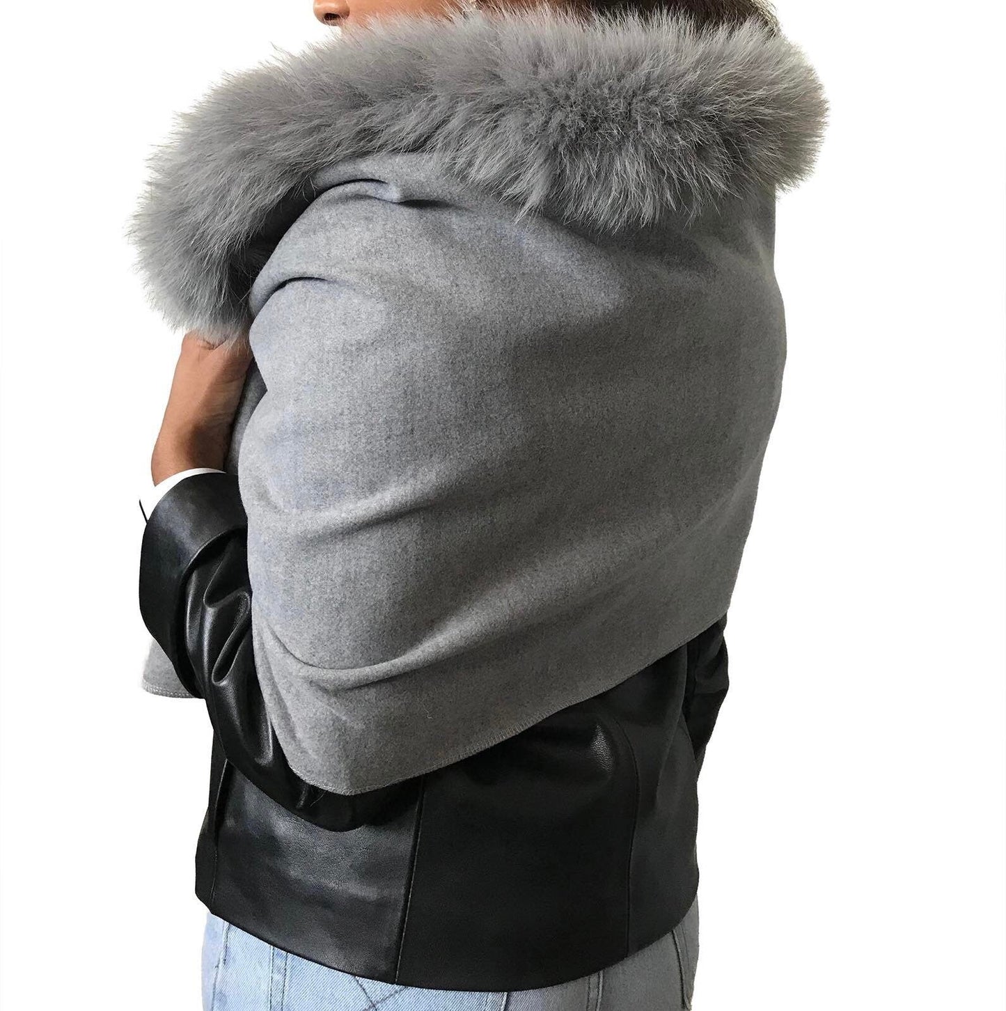 Grey Women Scarf Stole Cape Wrap Trim Fox Fur, Extra Large Shawl, Winter Gift, Woolen blend Cape Scarf - My Love Cape