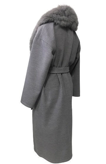 Grey Wrap Elegant Women coat, Long Belted Feminine Overcoat Trim Fox Fur, Woolen blend Coat Wrap - My Love Cape