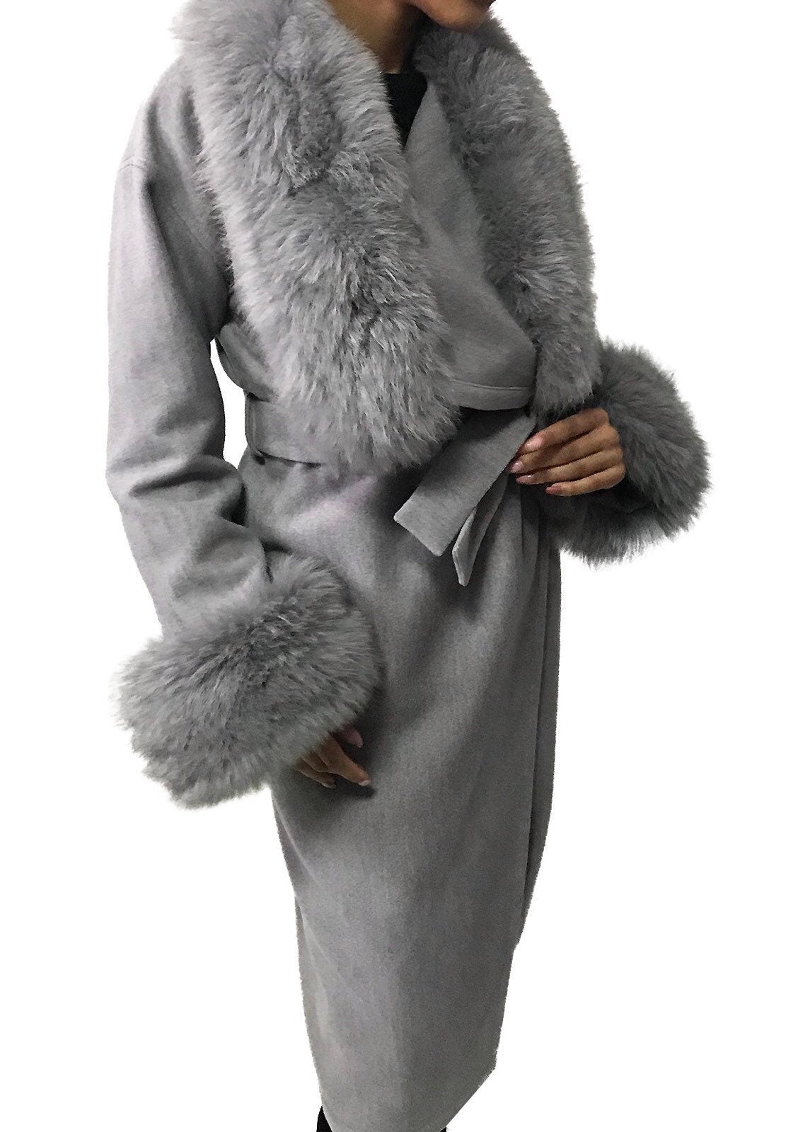 Grey Wrap Elegant Women coat, Long Belted Feminine Overcoat Trim Fox Fur, Woolen blend Coat Wrap - My Love Cape